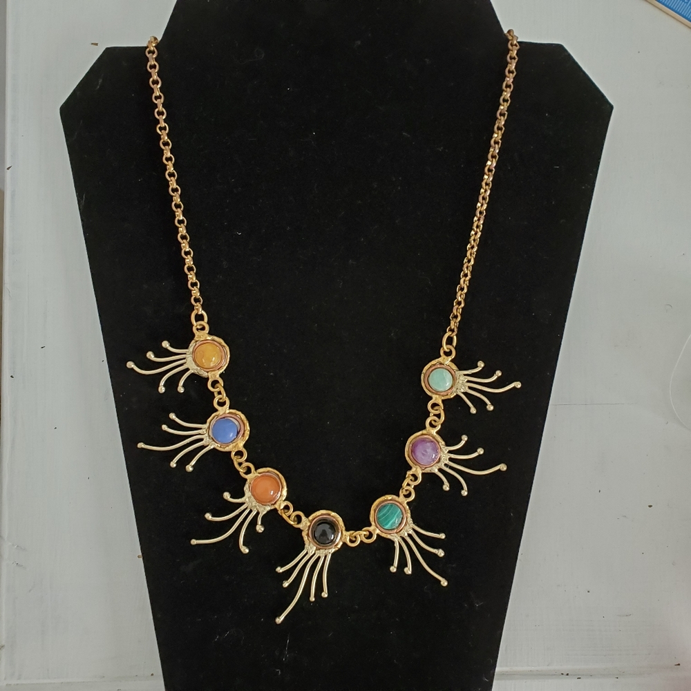 Multi color stone drop gold pendant necklace